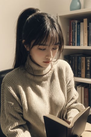 1girl, solo, long hair, looking at viewer, bangs, black hair, long sleeves, holding, brown eyes, sitting, ponytail, indoors, sweater, lips, book, turtleneck, ribbed sweater, holding book, open book, turtleneck sweater, realistic, reading, tatami, black sweater,High detailed 