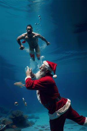 Masterpiece . santa claus under water playing with fish 