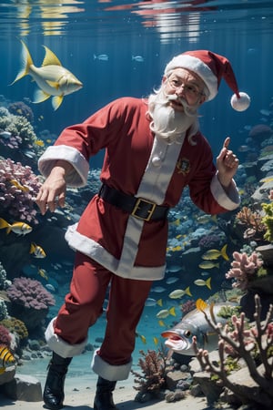 santa claus under water playing with fish 