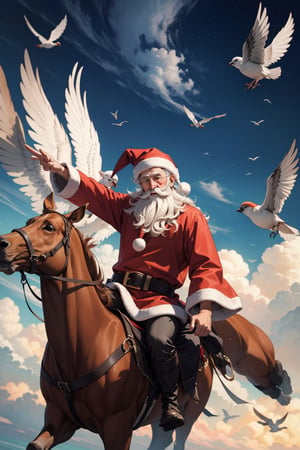 santa playing in sky with birds ,Masterpiece