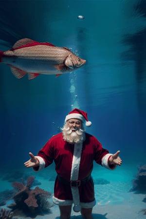 Masterpiece . santa claus under water playing with fish 