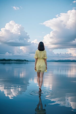  1 adult women with yellow dress standing between clouds with pink shade , clouds are floating on water , women standing on water clouds besides her , top_view  , her reflection in water
