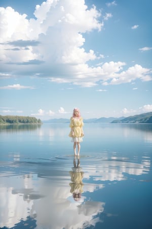  1 adult women with yellow dress standing between clouds with pink shade , clouds are floating on water , women standing on water clouds besides her , top_view  , her reflection in water,nodf_lora