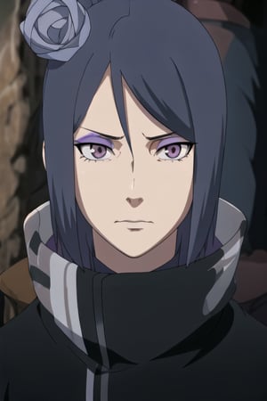 masterpiece, best quality, konan, purple hair, makeup, mature female, japanese clothes, serious, closed_mouth,perfecteyes