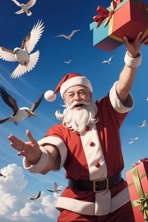 santa playing in sky with birds ,Masterpiece , gifts in hands,insertNameHere