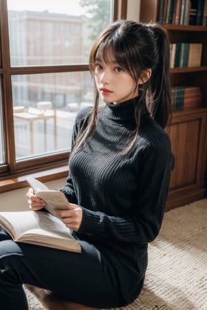 1girl, solo, long hair, looking at viewer, bangs, black hair, long sleeves, holding, brown eyes, sitting, ponytail, indoors, sweater, lips, book, turtleneck, ribbed sweater, holding book, open book, turtleneck sweater, realistic, reading, tatami, black sweater