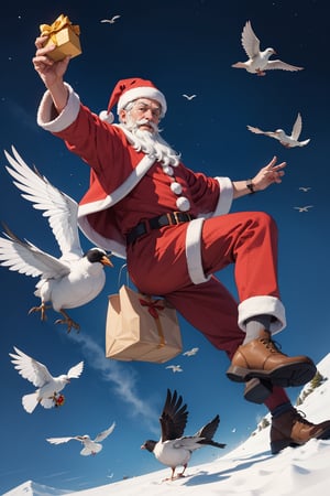 santa playing in sky with birds ,Masterpiece