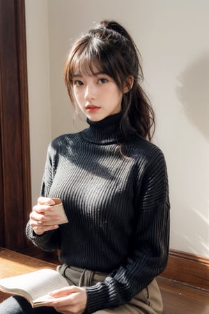 1girl, solo, long hair, looking at viewer, bangs, black hair, long sleeves, holding, brown eyes, sitting, ponytail, indoors, sweater, lips, book, turtleneck, ribbed sweater, holding book, open book, turtleneck sweater, realistic, reading, tatami, black sweater