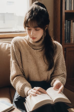 1girl, solo, long hair, looking at viewer, bangs, black hair, long sleeves, holding, brown eyes, sitting, ponytail, indoors, sweater, lips, book, turtleneck, ribbed sweater, holding book, open book, turtleneck sweater, realistic, reading, tatami, black sweater,High detailed 