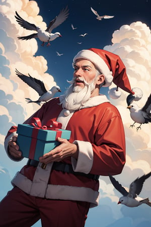 santa playing in sky with birds ,Masterpiece , gifts in hands