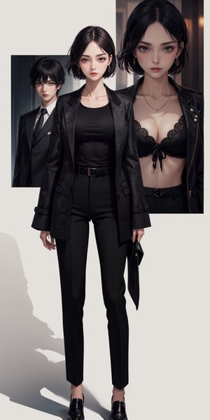 extra detailed, detailed anatomy, detailed face, detailed eyes, beautiful lady, businesswoman, closing deal, formal wear, black jacket, full body, serious look, black hair, short hair, black pants, black trench coat, 5 star hotel