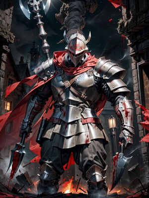 extra detailed, detailed anatomy, realistic, templar knight, helmet, red cape, full armor, holding a combat axe, (dark armor), battlefield, standing, imposing, blood stains, ((night)), black smoke, color low saturation, fire, medieval age,weapon,no_humans, heavy armor, devasted land
