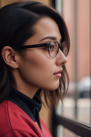 extra detailed, detailed anatomy, detailed face, detailed eyes, professional photography of beautiful 21 year old lady, black sweatshirt, glasses, distracted, in profile, hair mixed between black and pink, cafe