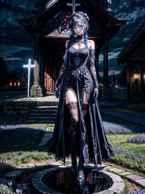 extra detailed, detailed anatomy, detailed face, detailed eyes, 1 girl, black gothic dress, blue lace, blue eyes, black hair, russian braid hairstyle, standing, long gloves, black boots, night time, chapel, blue flowers , open long skirt,