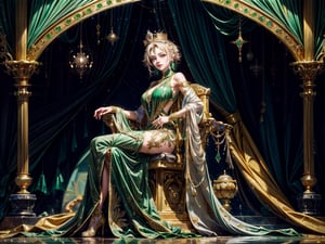 extra detailed, 1 girl, empress, throne room, background plants, golden floors, crown, fancy clothes, dazzling aura, emerald dress, golden jewelry, emeralds, water fountains, plants, detailed anatomy, detailed face, detailed eyes,perfecteyes,