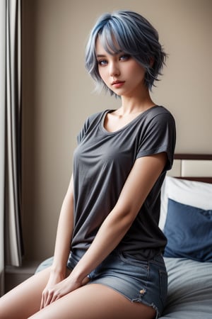 extra detailed, detailed anatomy, detailed face, detailed eyes, professional photography, beautiful 21 year old lady, black top, blue-grey hair, short hair, sitting on a bed