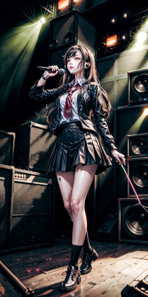 high resolution, detailed anatomy, detailed face, extra detailed, detailed eyes, 1 girl, school uniform, standing, full body, (((death metal concert))), darkness, glow sticks, long hair