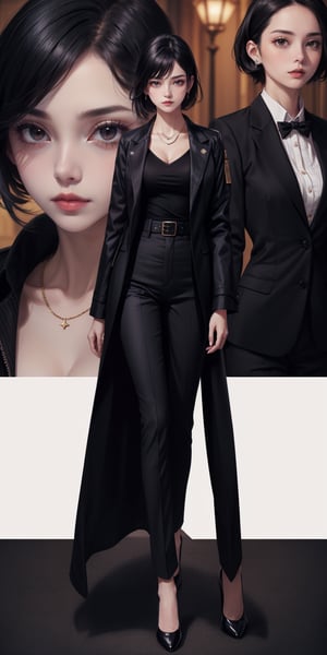 extra detailed, detailed anatomy, detailed face, detailed eyes, beautiful lady, businesswoman, closing deal, formal wear, black jacket, full body, serious look, black hair, short hair, black pants, black trench coat, 5 star hotel