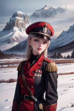 extra detailed, detailed anatomy, detailed face, detailed eyes, professional photography, beautiful 21 year old german lady, morning in the countryside, snow capped mountains, WWII,no_humans, (((red military uniform)))