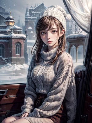 extra detailed, detailed anatomy, detailed face, detailed eyes, 1 girl, wool sweater, brown, sitting, looking out the window, snowing, side view, knit hat, brown hair, brown eyes