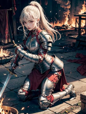 extra detailed, 1 girl, warrior, sword, (((full armor))), small chest, kneeling, battlefield, corpses in the background, fire, smoke