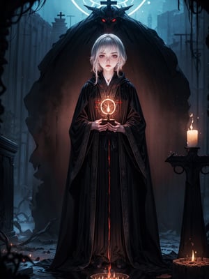 extra detailed, detailed anatomy, detailed face, detailed eyes, professional photography, beautiful 21 year old german lady, cult priest, ritual, altar, cult temple, shadowy aura, (((black robe))), silver details, magic black, darkness,(EnergyVeins)