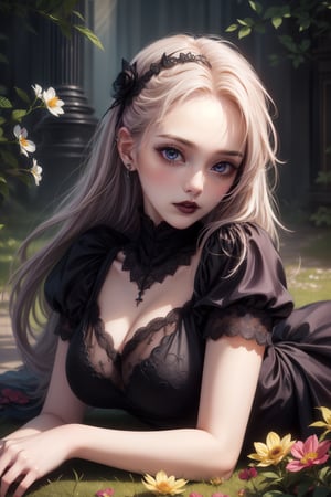 extra detailed, detailed anatomy, detailed face, detailed eyes, professional photography, beautiful 21 year old lady, lying down, gothic clothing, flower bed