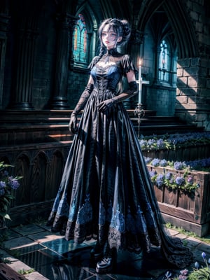 extra detailed, detailed anatomy, detailed face, detailed eyes, 1 girl, black gothic dress, blue lace, blue eyes, black hair, russian braid hairstyle, standing, long gloves, black boots, night time, chapel, blue flowers , open long skirt,