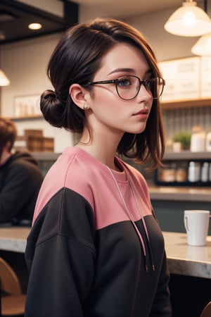 extra detailed, detailed anatomy, detailed face, detailed eyes, professional photography of beautiful 21 year old lady, black sweatshirt, glasses, distracted, in profile, hair mixed between black and pink, cafe