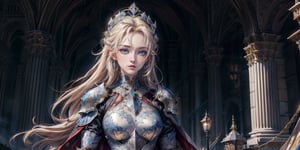 extra detailed, detailed anatomy, detailed face, detailed eyes, professional photography, beautiful 21 year old lady, knight, triumph parade, ceremonial armor, blue eyes, blonde, flowing hair