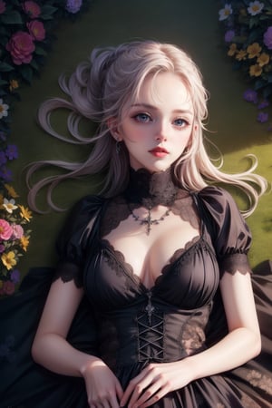 extra detailed, detailed anatomy, detailed face, detailed eyes, professional photography, beautiful 21 year old lady, lying down, gothic clothing, flower bed