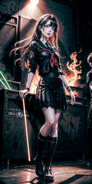 high resolution, detailed anatomy, detailed face, extra detailed, detailed eyes, 1 girl, school uniform, standing, full body, (((death metal concert))), darkness, glow sticks, long hair