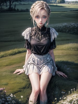 extra detailed, detailed anatomy, detailed face, detailed eyes, 1 girl, german braid, sitting on grass, white skirt, black top, field,