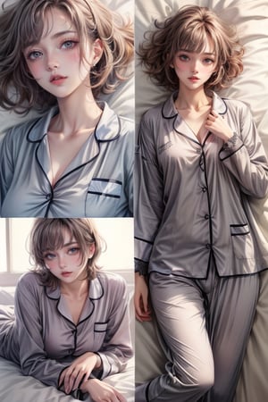 extra detailed, detailed anatomy, detailed face, detailed eyes, professional photography, beautiful 21 year old lady, lying down, (grey pajamas), messy hair, blushing, comfort, kind look