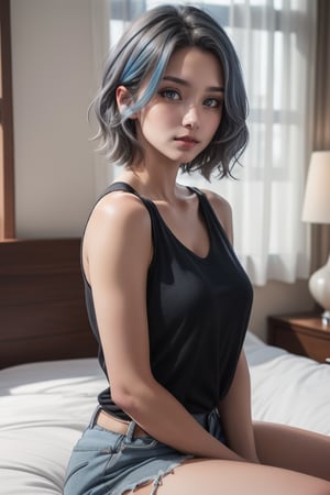 extra detailed, detailed anatomy, detailed face, detailed eyes, professional photography, beautiful 21 year old lady, black top, blue-grey hair, short hair, sitting on a bed