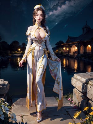 extra detailed, 1 girl, priest, gardens, bright flowers, (((at night))), ceremonial clothing, standing, detailed anatomy, detailed eyes, detailed face, large breasts, bare chest, nipples, perfect breasts, detailed breasts