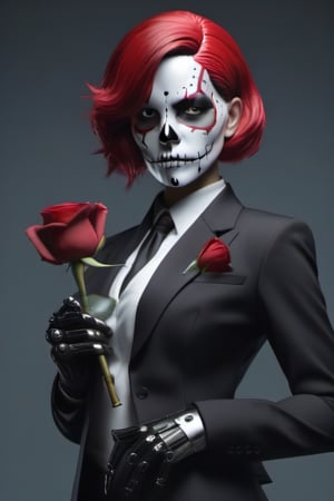 Female AI with a skull face in a black suit with a red rose and a gray background holding gun