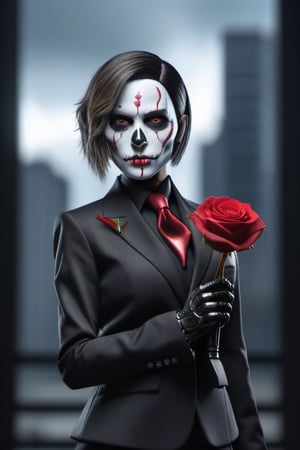 Female AI with a skull face in a black suit holding a gun with a red rose on it and a gray dark city background