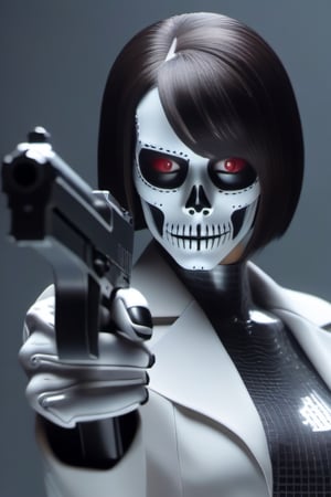 Female AI with a skull face holding gun