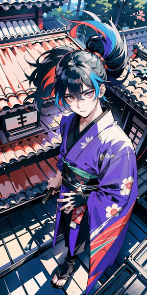 (masterpiece, best quality), (colorful:1.4), from above, solo, a ninja, draped in shadows, crouches on the tiled roof of a traditional Japanese pagoda, his eyes keen and focused as he surveys the landscape below, ready to strike with deadly precision, depth of field, fisheye lens
