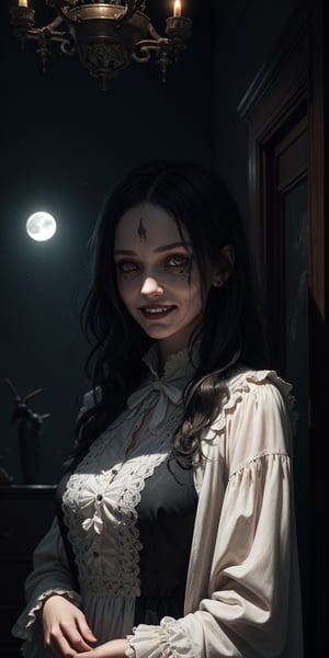 ((masterpiece)), best quality, 8k, high quality, high resolution, super detailed, ultra detailed, photorealistic, sinister and finely detailed face and eyes, ultra detailed and detailed skin texture, haunting eyes, perfect face, 1 girl, long disheveled hair, (tattered dress), pale white eyes, spectral aura, (creepy atmosphere), holding a vintage doll, standing in an abandoned Victorian mansion, eerie expression, ((menacing grin)), night, moonlit mist, creaking floorboards, chilling ambiance, (distant whispers), (haunting presence), since ages past, Elara, haunting eyes, "The Conjuring" inspired background.