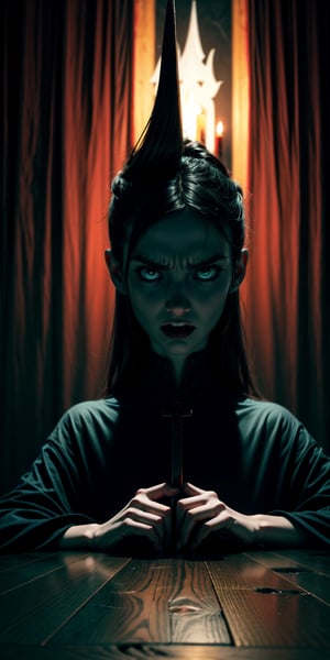 1 girl, upper body, single focus, enigmatic beauty, Exorcist-inspired attire, possessed expression, (haunted bedroom backdrop: 1.4), (demonic whispers: 1.3), enigmatic features, eerie aura, [depth of field, ambient lighting, swirling shadows foreground, demonic ambiance], Possessed Echoes, demonic whispers, chilling presence, (creaking floorboards), (echoing chants: 1.2), intricate details, enhanced lighting.