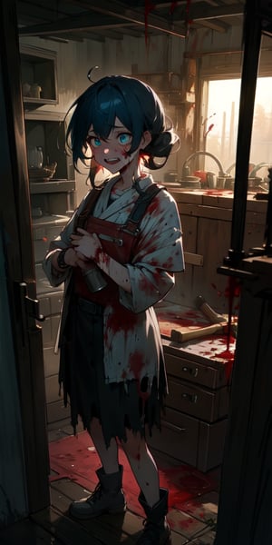 ((masterpiece)), best quality, 8k, high quality, high resolution, super detailed, ultra detailed, photorealistic, beautiful and finely detailed face and eyes, ultra detailed and detailed skin texture, expressive eyes,1 girl, disheveled hair, (bloody hands), frenzied eyes, shredded clothes, holding a severed limb, (bloody tools), blood-soaked room, standing amidst carnage, wild expression, ((disturbed laughter)), midnight, decrepit morgue, rusty equipment, broken drawers, (gushing pipes), (moonlit), since dusk, Victoria, unhinged eyes, grotesque horror background