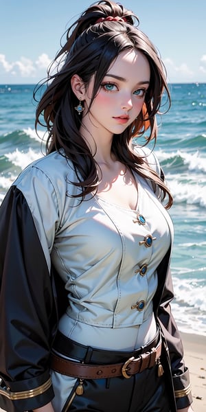 8k, best quality, (lifelike:1.4), original photo, 1 girl, Grace O'Malley hair, cutlass, pirate attire, posture: ruling the seas with daring raids, sea-green eyes gleaming with defiance

