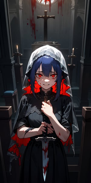 ((masterpiece)), best quality, 8k, high quality, high resolution, super detailed, ultra detailed, photorealistic, beautiful and finely detailed face and eyes, ultra detailed and detailed skin texture, expressive eyes, 1 girl, deranged expression, (bloody veil), sinister red eyes, tattered wedding dress, blood-drenched hands, (bloody altar), sacrificial knife, unholy stance, unhinged gaze, ((twisted smile)), midnight, forgotten chapel, broken pews, shattered stained glass, (dark ritual), (cursed night), since the pact was sealed, Lilith, unholy eyes, occult horror background.