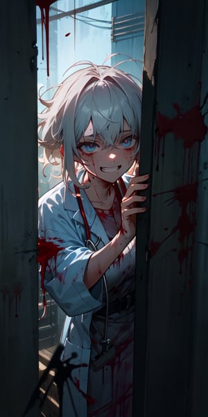 ((masterpiece)), best quality, 8k, high quality, high resolution, super detailed, ultra detailed, photorealistic, beautiful and finely detailed face and eyes, ultra detailed and detailed skin texture, expressive eyes, perfect face, 1 girl, messy hair, (blood-splattered hair), crazed eyes, torn hospital gown, blood-stained hands, (bloody medical tools), operating table, standing over a mutilated body, deranged expression, ((manic grin)), night, abandoned asylum, flickering fluorescent lights, graffiti-covered walls, (dripping pipes), (thunderstorm), since midnight, Isabella, manic eyes, gore-filled horror background.