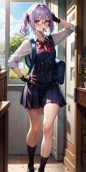 ((masterpiece)), best quality, 8k, high quality, high resolution, super detailed, ultra detailed, photorealistic, beautiful and finely detailed face and eyes, ultra detailed and detailed skin texture, expressive eyes, perfect face, 1 girl, twin tails, (lavender hair), indigo eyes, petite stature, school uniform, fingerless gloves, (bookbag), glasses, running late, holding toast, apologetic expression, ((hurried mouth)), morning, school hallway, lockers, books, (rushing to class), (sunny), since dawn, Miko, apologetic eyes, academic background.