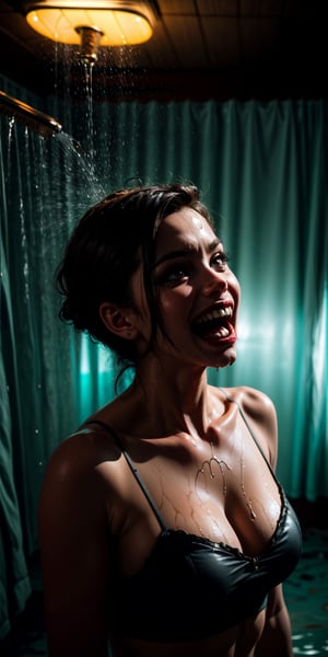 1 girl, upper body, single focus, enigmatic beauty, Psycho-inspired attire, shower curtain, (abandoned motel backdrop: 1.4), (psychotic laughter: 1.3), enigmatic features, eerie aura, [depth of field, ambient lighting, stabbing shadows foreground, psychotic ambiance], Shower Slaughter, psychotic caller, chilling presence, (screaming victim), (dripping water: 1.2), intricate details, enhanced lighting.