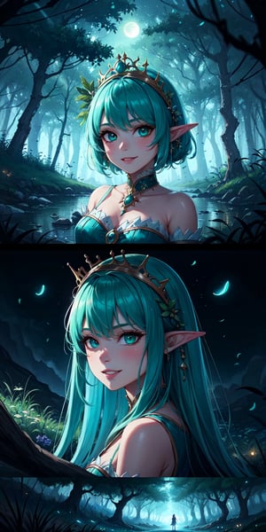 ((masterpiece)), best quality, 8k, high quality, high resolution, super detailed, ultra detailed, photorealistic, whimsical and finely detailed face and eyes, ultra detailed and detailed skin texture, fantastical eyes, perfect face, 1 girl, vibrant teal hair, (elfin attire), emerald green eyes, (woodland crown), (ethereal presence), playing a haunting melody on a silver flute, surrounded by ancient trees, dreamy expression, ((enchanted grin)), night, moonlit glen, fireflies, enchanting environment, (soft rustling leaves), (gentle stream), since ancient times, Elysia, otherworldly eyes, "The Lord of the Rings" inspired background.