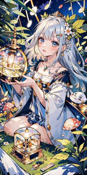 (masterpiece, best quality, highres:1.3), ultra resolution image, (1girl), (solo), kawaii, silver hair, starry night, sweet, plush toy, mushroom cottage, lantern softly glowing, fantasy, dreamy, joyful energy, gentle, dreamy, cozy, charm of childhood, (nature music box:1.5), tiny flower crown, delight, innocent, liveliness, nature accessories, forest, gentle breeze